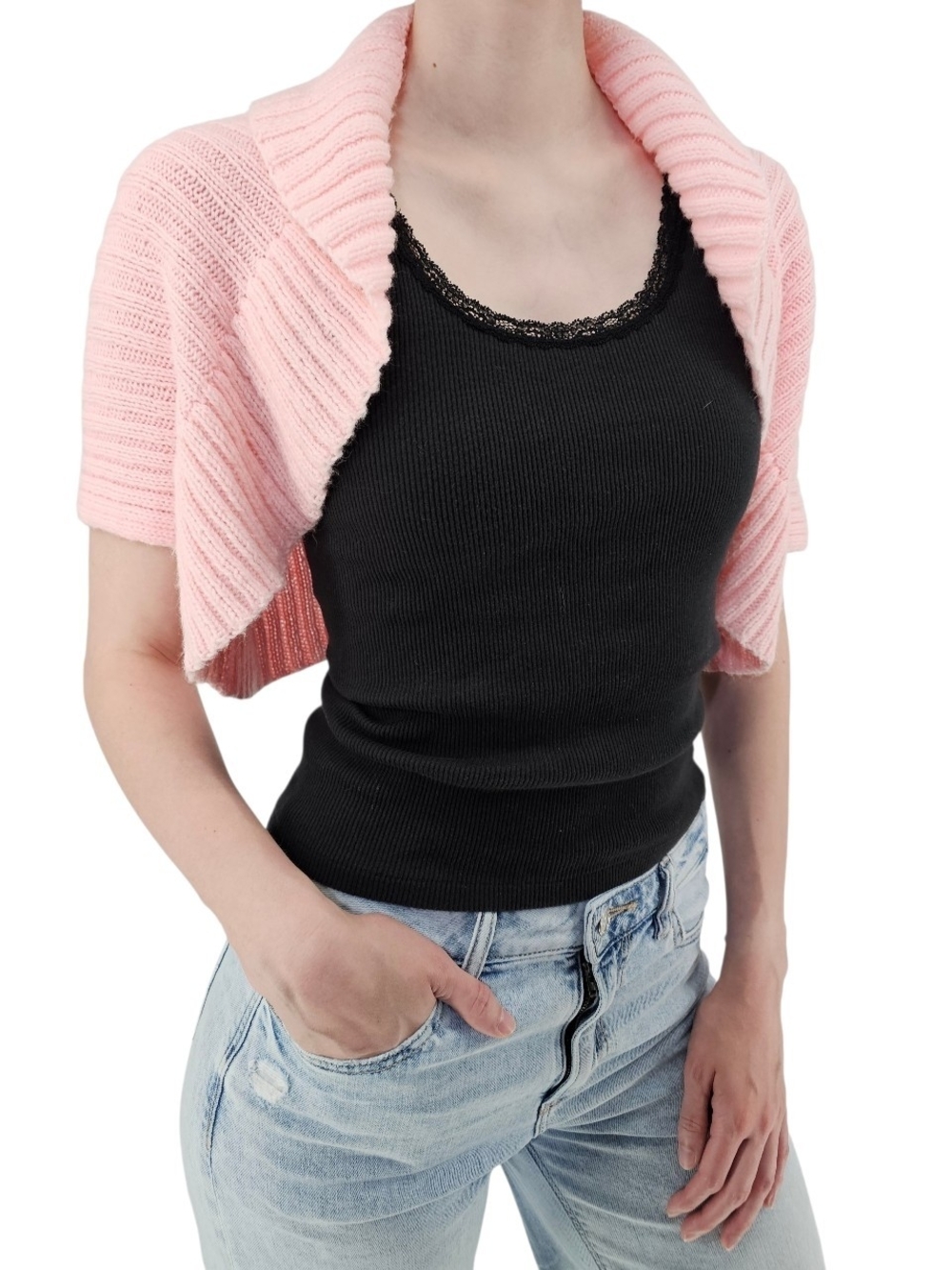Y2K Pink Knit Bolero Shrug Cropped Cardigan Coquette Balletcore
